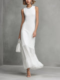 Elegant White Sleeveless Dress for Women with Milk Silk and Chiffon Panels