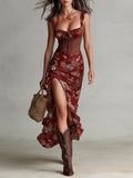 Sara  - Corset-Style Floral Print High-Slit Maxi Dress