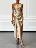 Caille - Champagne Satin One-shoulder Sleeveless Ruffled Midi Dress