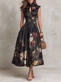 Rosie - Black Keyhole Collar Floral Pleated Satin Midi Dress