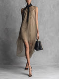 Beatrice - Lightweight Luxury Two-Tone Khaki and Brown Chiffon Sleeveless Dress